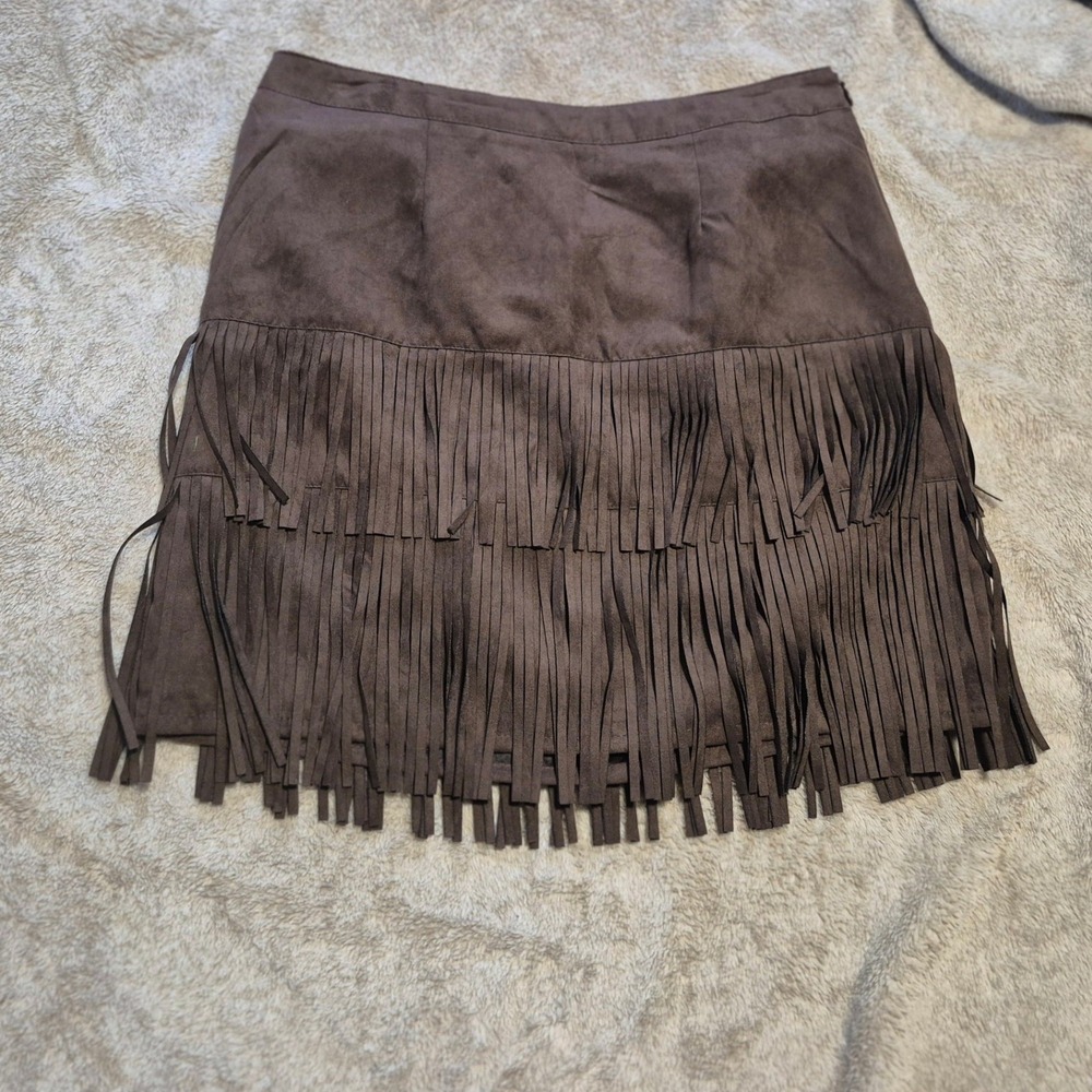 WD·NY Womens Brown Faux Suede Tiered Fringe Mini Skirt Western Boho NWT Size S